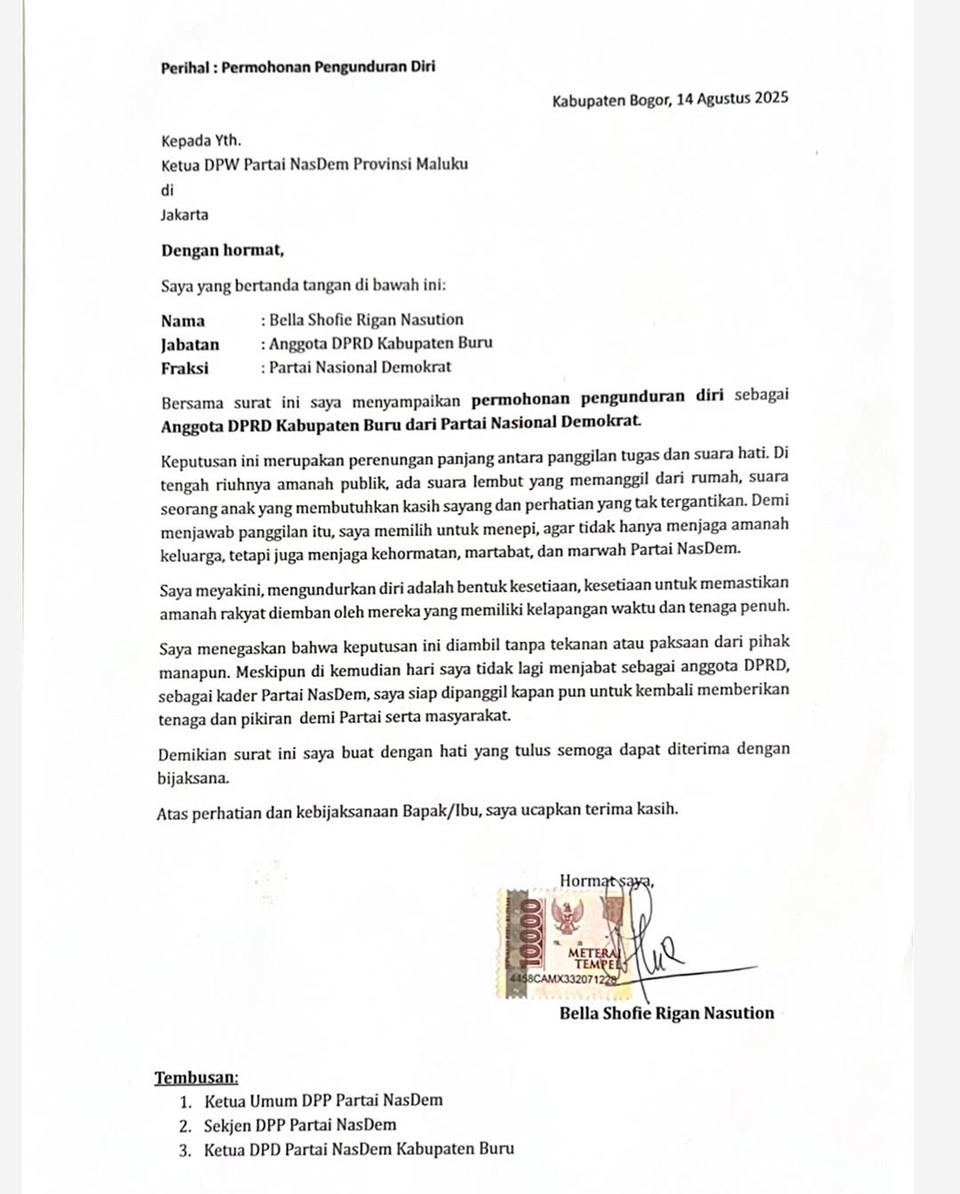 Surat Pengunduran Diri Bella Shofie